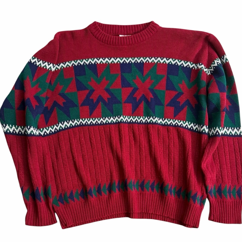 Vintage Ash Creek Trading Red Green Blue Geometric Star Knit Sweater Men’s XL‎